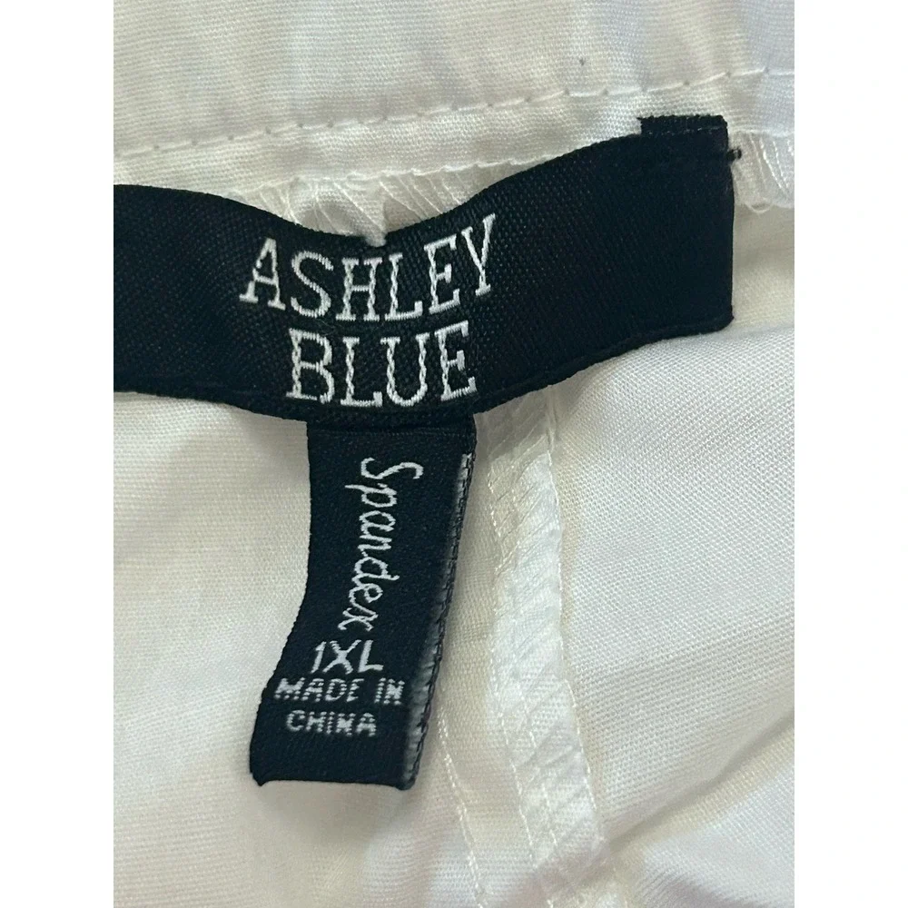 Ashley Blue Women Plus SZ 1XL White Cargo Capri Pants Cotton Stretch Ruched Side - Picture 5 of 6